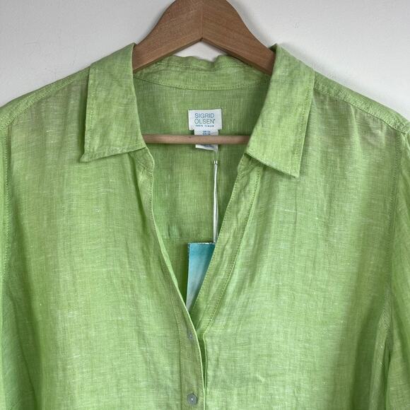NWT Sigrid Olsen 100% Linen Button Front Collared Shirt Tunic Lime Green Size 1X - Picture 2 of 9